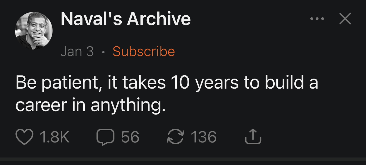 Naval's Archive: Be patient, it takes 10 years to build a career in anything.