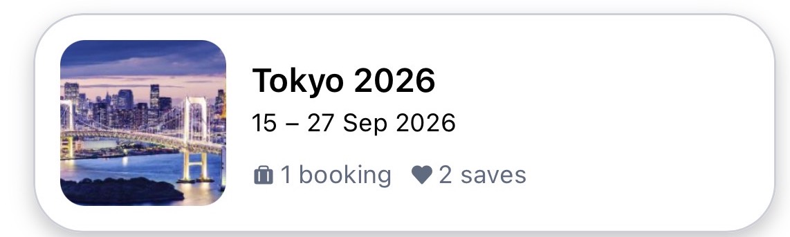 行程 App 畫面:Tokyo 2026,15 – 27 Sep 2026